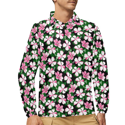 Hibiscus Pink Flower Hawaiian Print Long Sleeve Polo Shirt For Men's