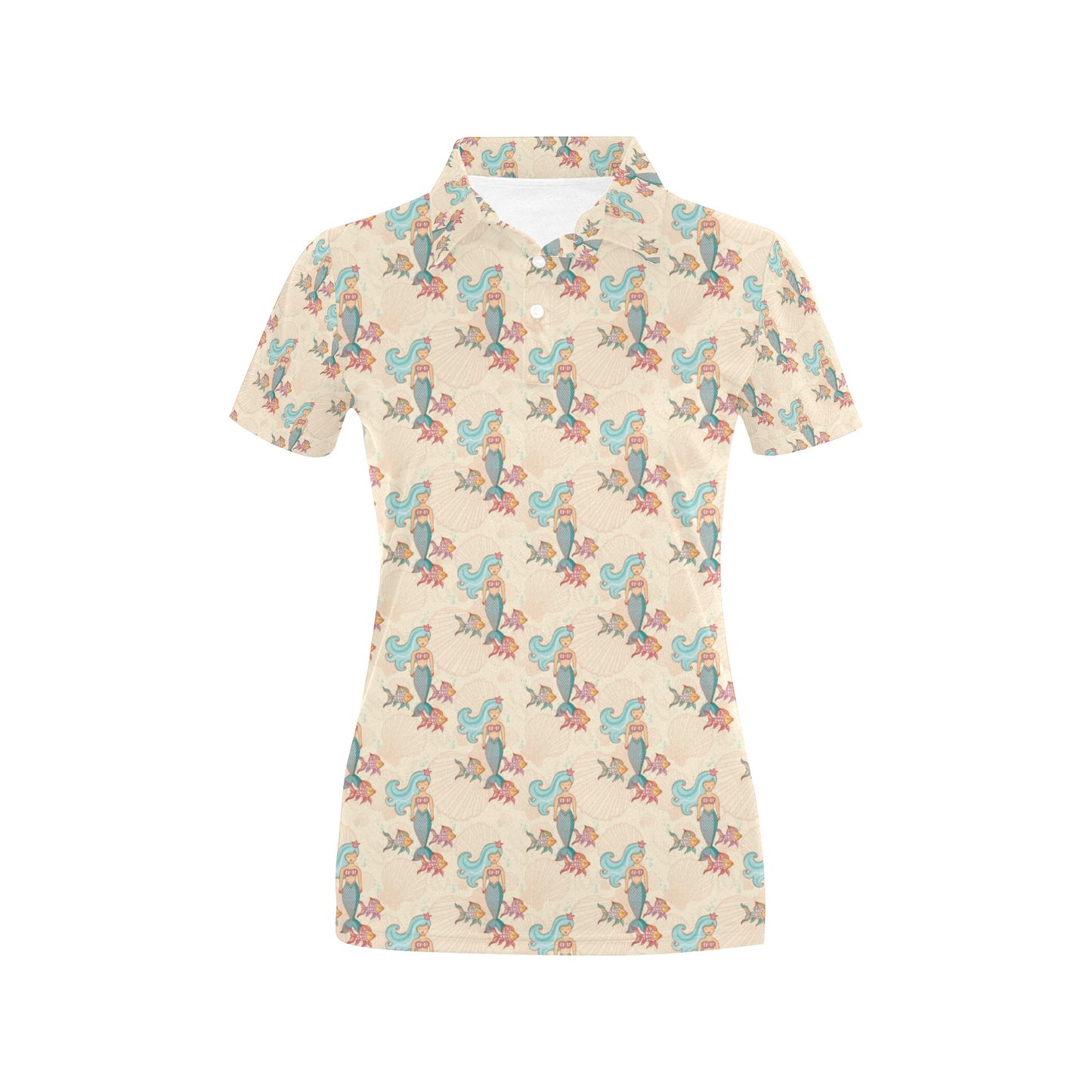 Mermaid Girl With Fish Design Print Women's Polo Shirt