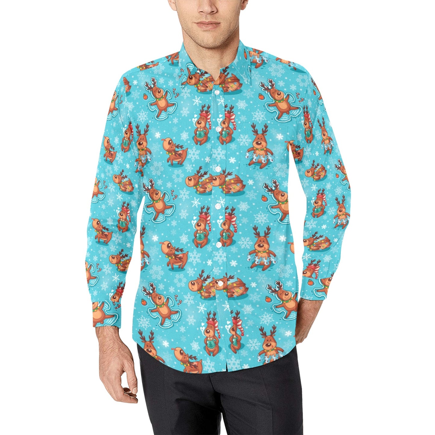 Reindeer Print Design LKS402 Men's Long Sleeve Dress Shirt