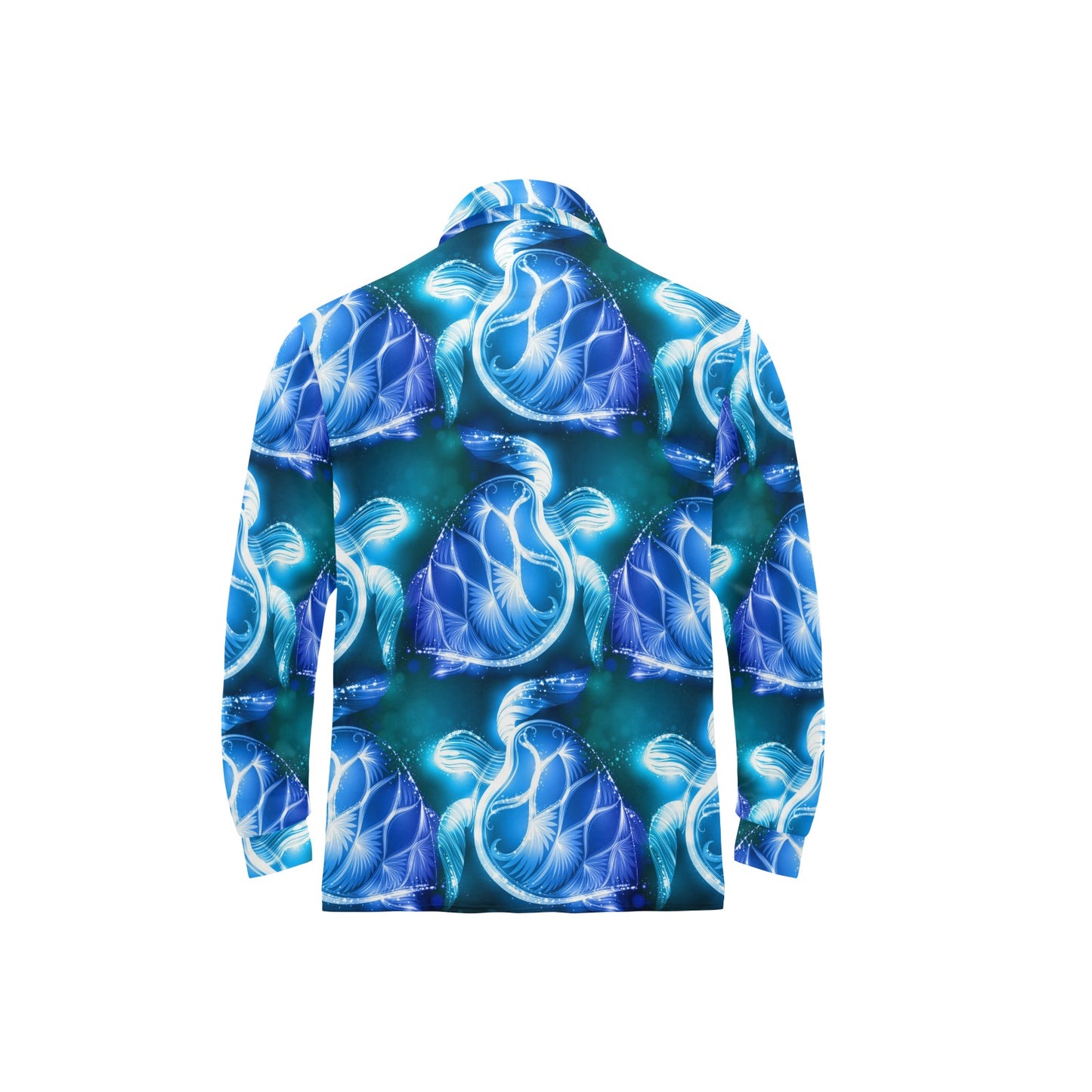 Blue Neon Sea Turtle Print Long Sleeve Polo Shirt For Men's