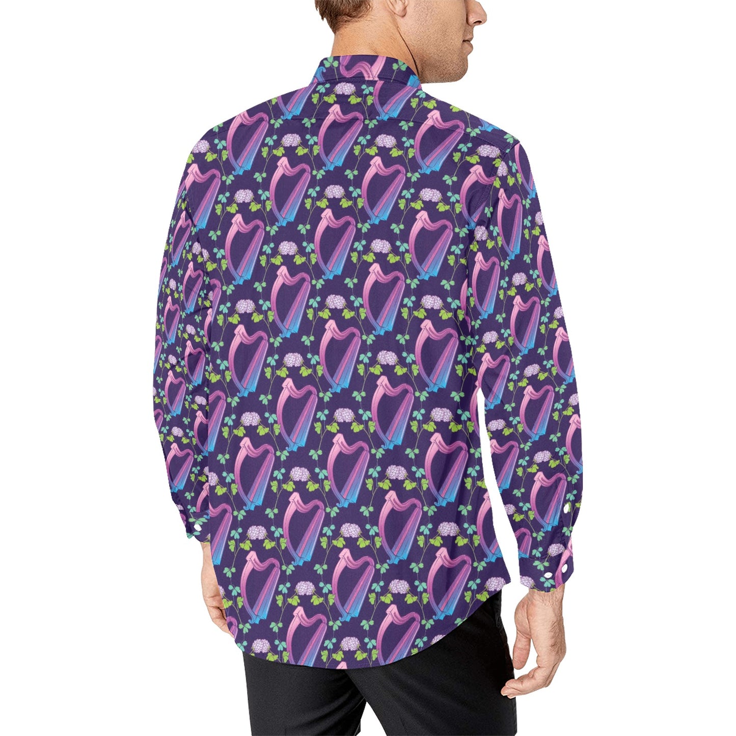 Harp Print Design LKS403 Men's Long Sleeve Dress Shirt