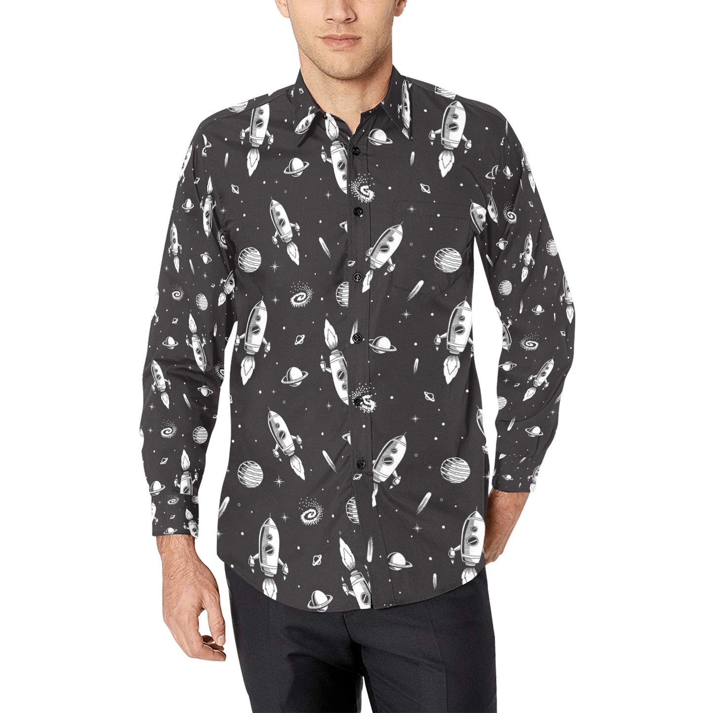 Space Rocket Print Design LKS303 Men's Long Sleeve Dress Shirt