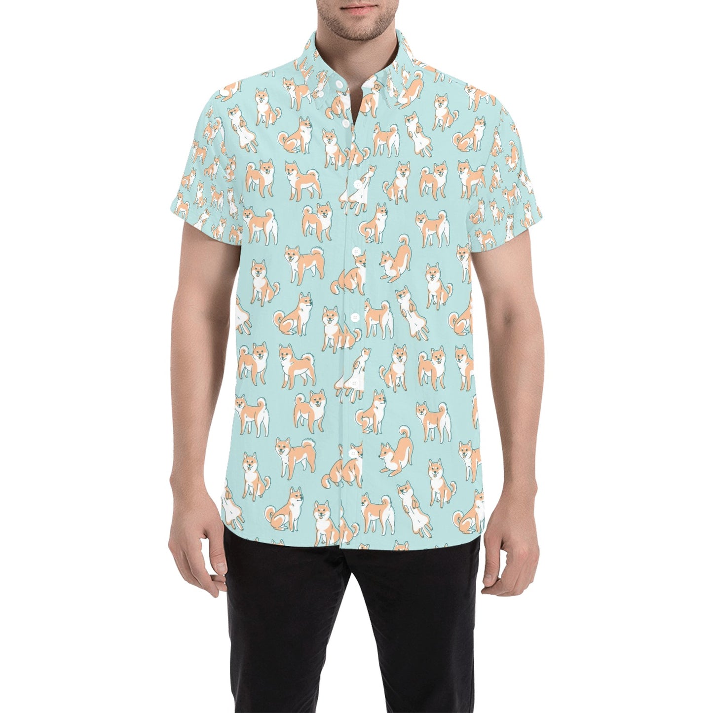 Shiba Inu Print Design LKS304 Men Short Sleeve Button Up Shirt