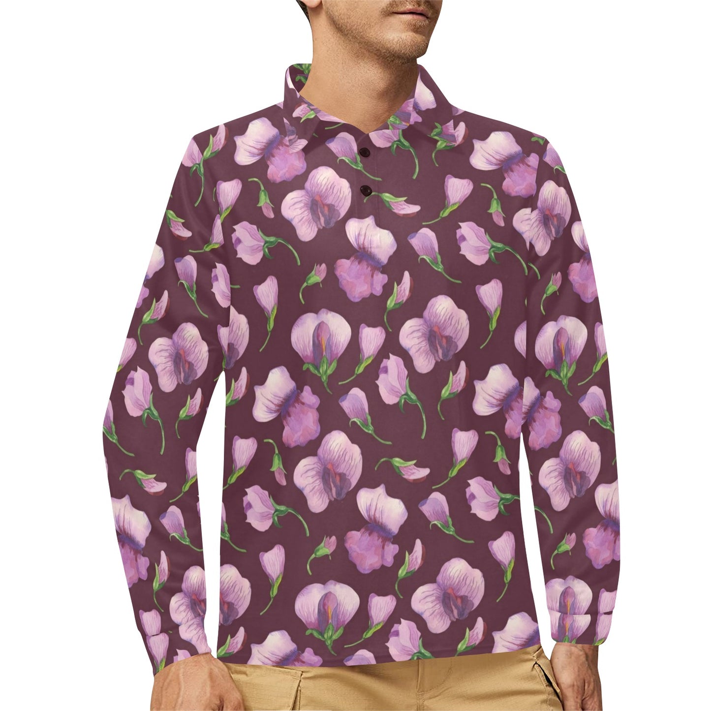 Peony Pattern Print Design PE010 Long Sleeve Polo Shirt For Men's
