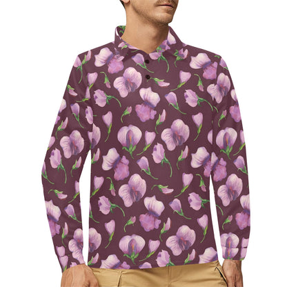 Peony Pattern Print Design PE010 Long Sleeve Polo Shirt For Men's