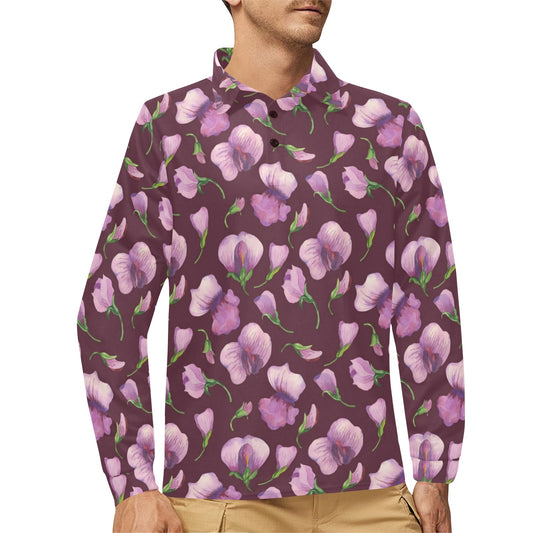 Peony Pattern Print Design PE010 Long Sleeve Polo Shirt For Men's