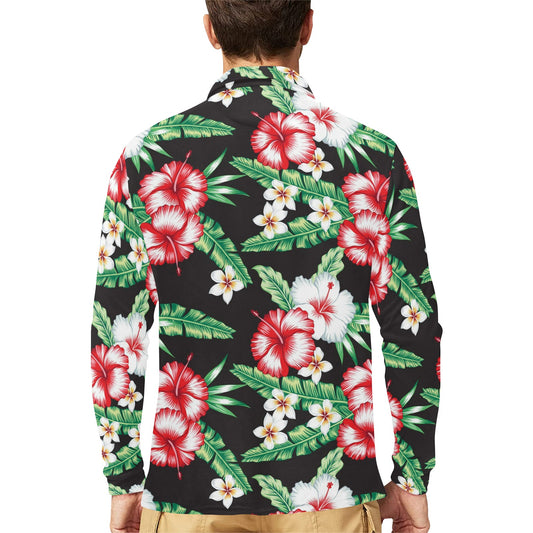 Hawaiian flower tropical leaves Long Sleeve Polo Shirt For Men's