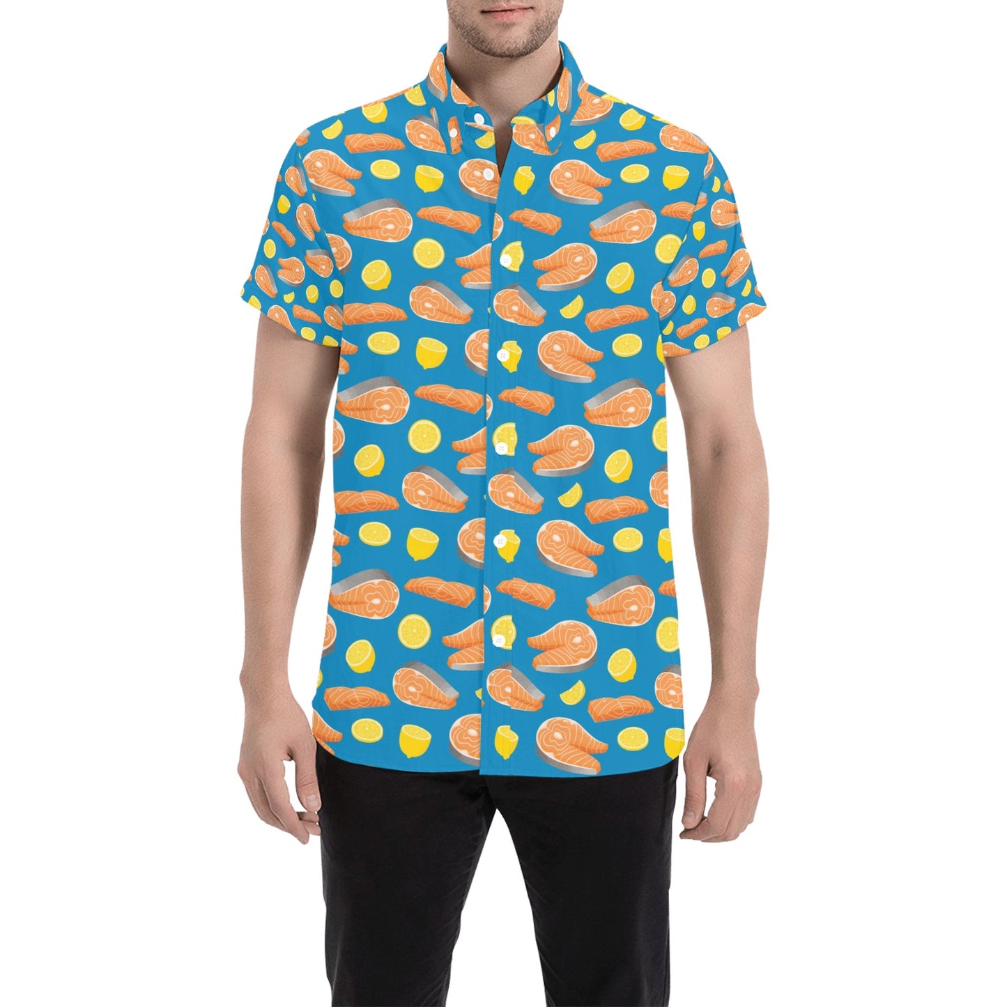 Salmon Steak With Lemon Print Design LKS308 Men Short Sleeve Button Up Shirt