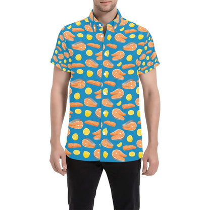Salmon Steak With Lemon Print Design LKS308 Men Short Sleeve Button Up Shirt