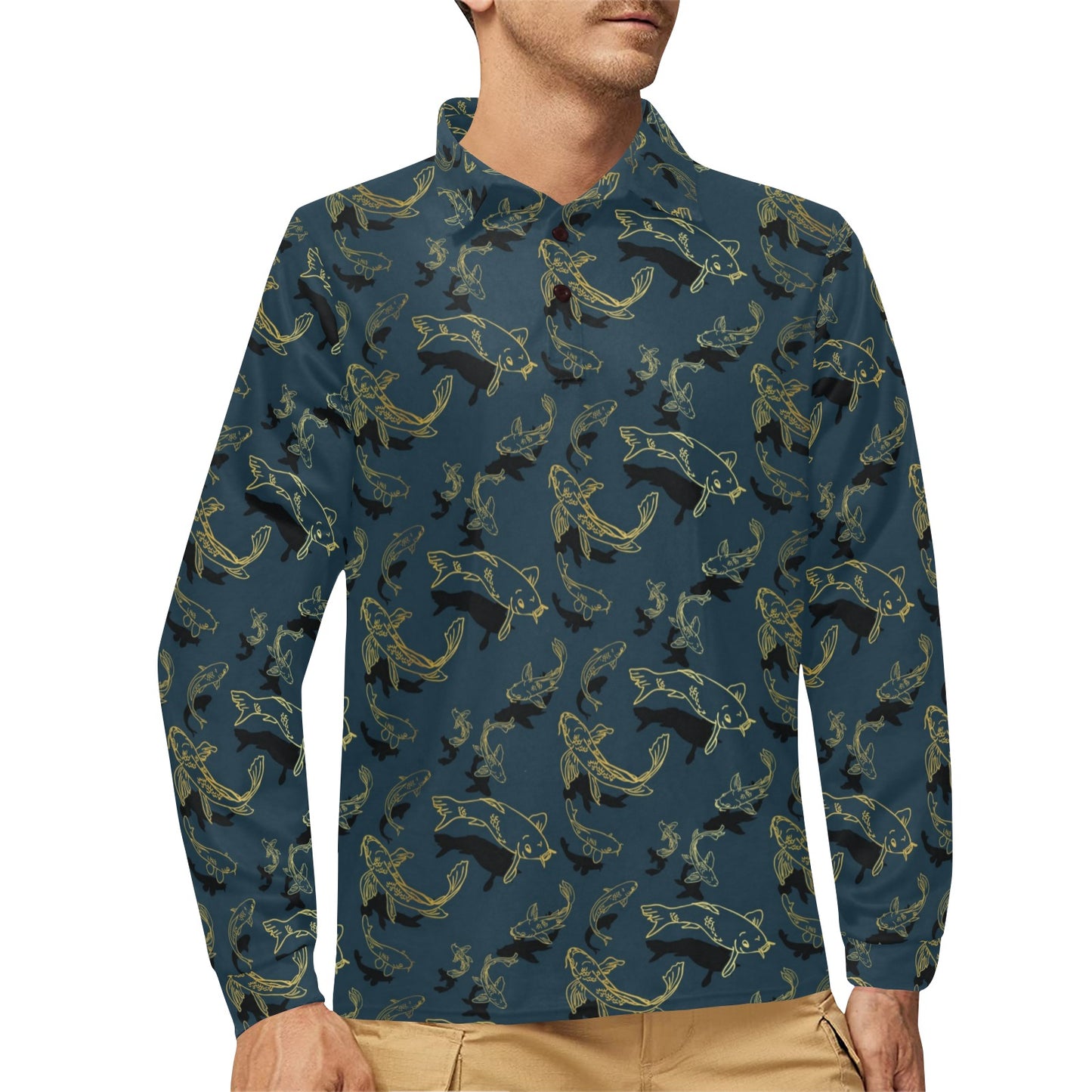Koi Carp Gold Design Themed Print Long Sleeve Polo Shirt For Men's