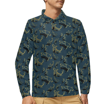 Koi Carp Gold Design Themed Print Long Sleeve Polo Shirt For Men's
