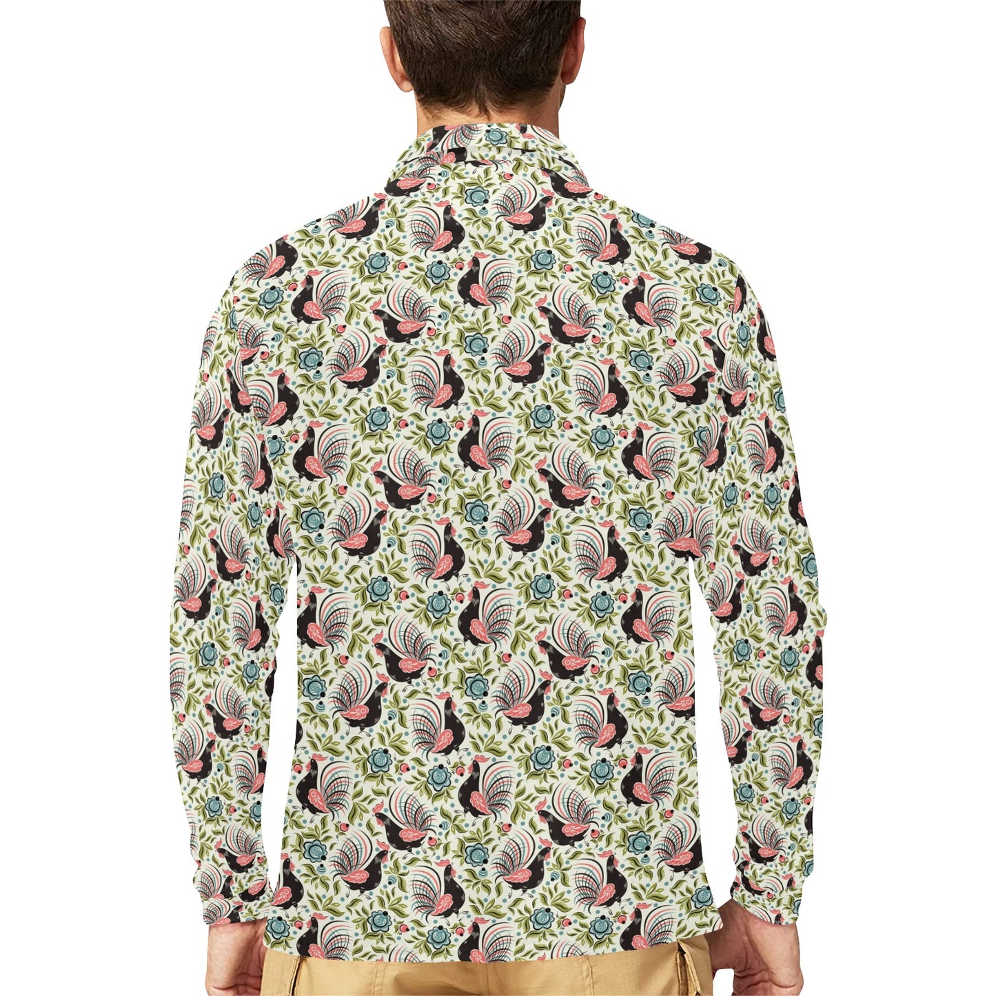 Rooster Print Design Long Sleeve Polo Shirt For Men's