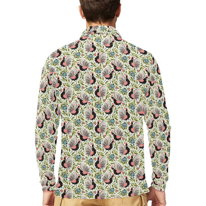Rooster Print Design Long Sleeve Polo Shirt For Men's
