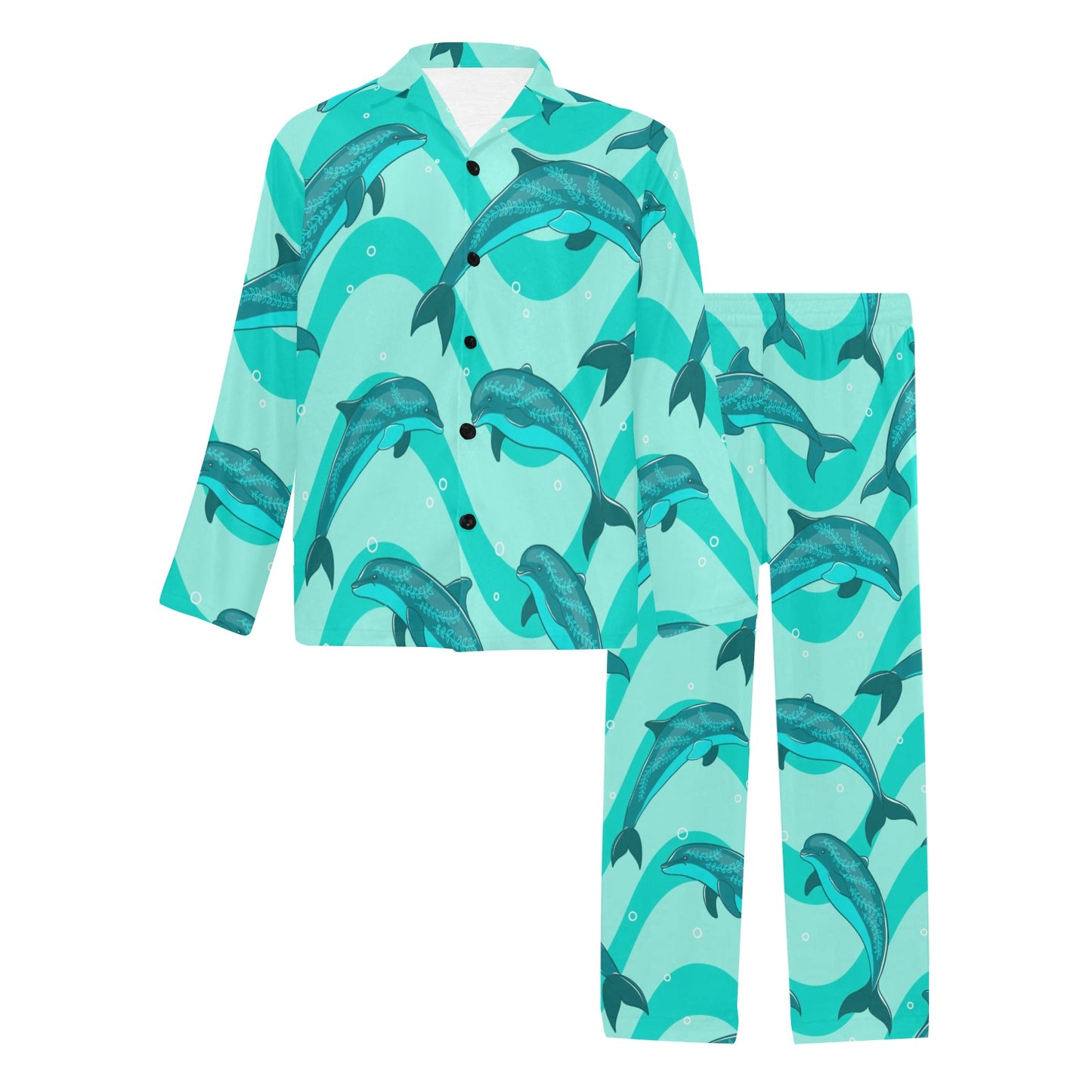 Dolphin Wave Print Men's Long Pajama Set