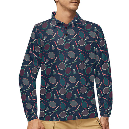 Badminton Pattern Print Design 03 Long Sleeve Polo Shirt For Men's