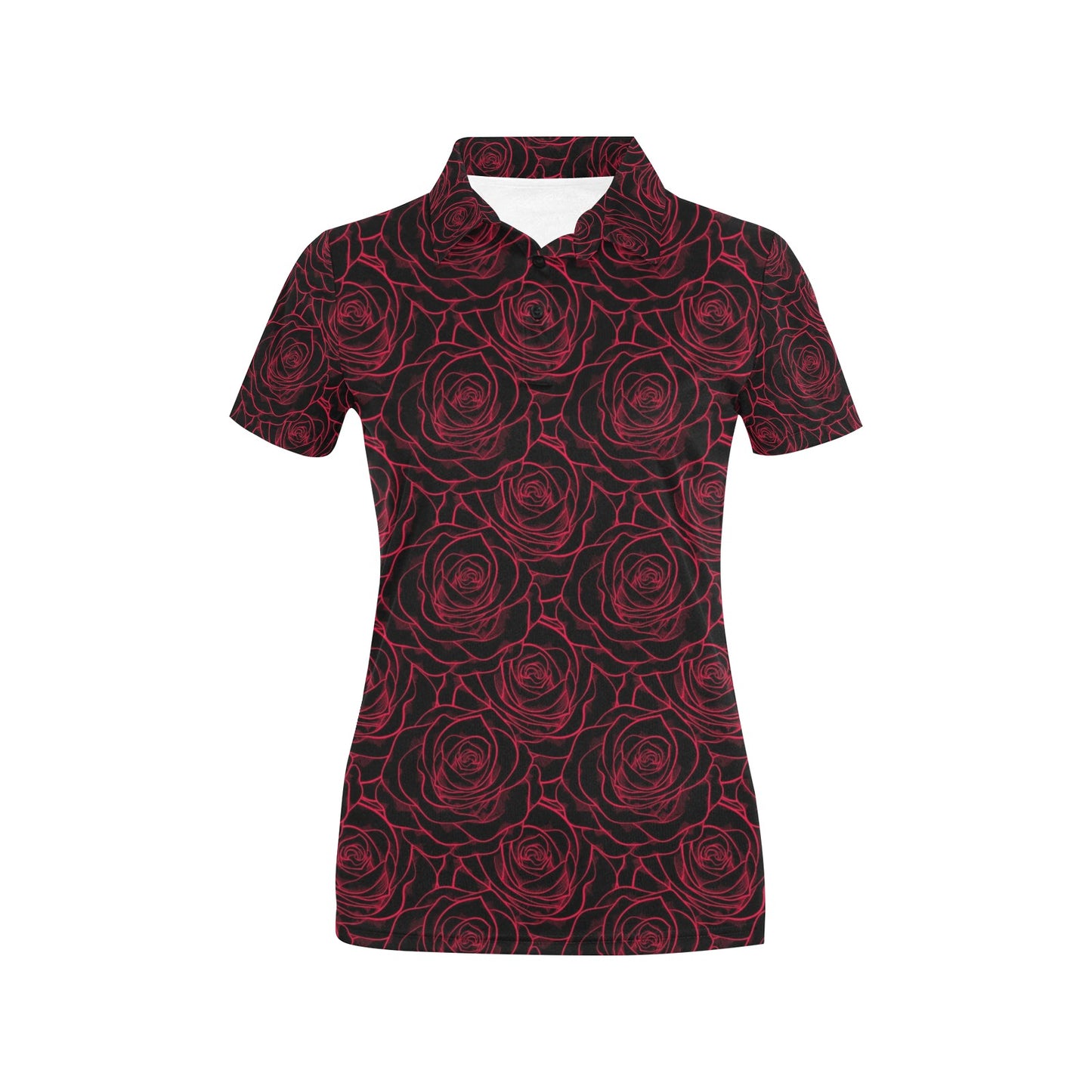 Red Rose Design Print Women's Polo Shirt