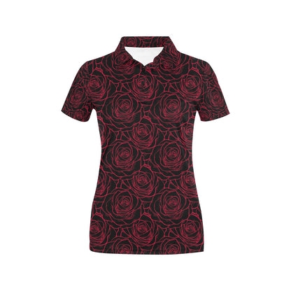 Red Rose Design Print Women's Polo Shirt