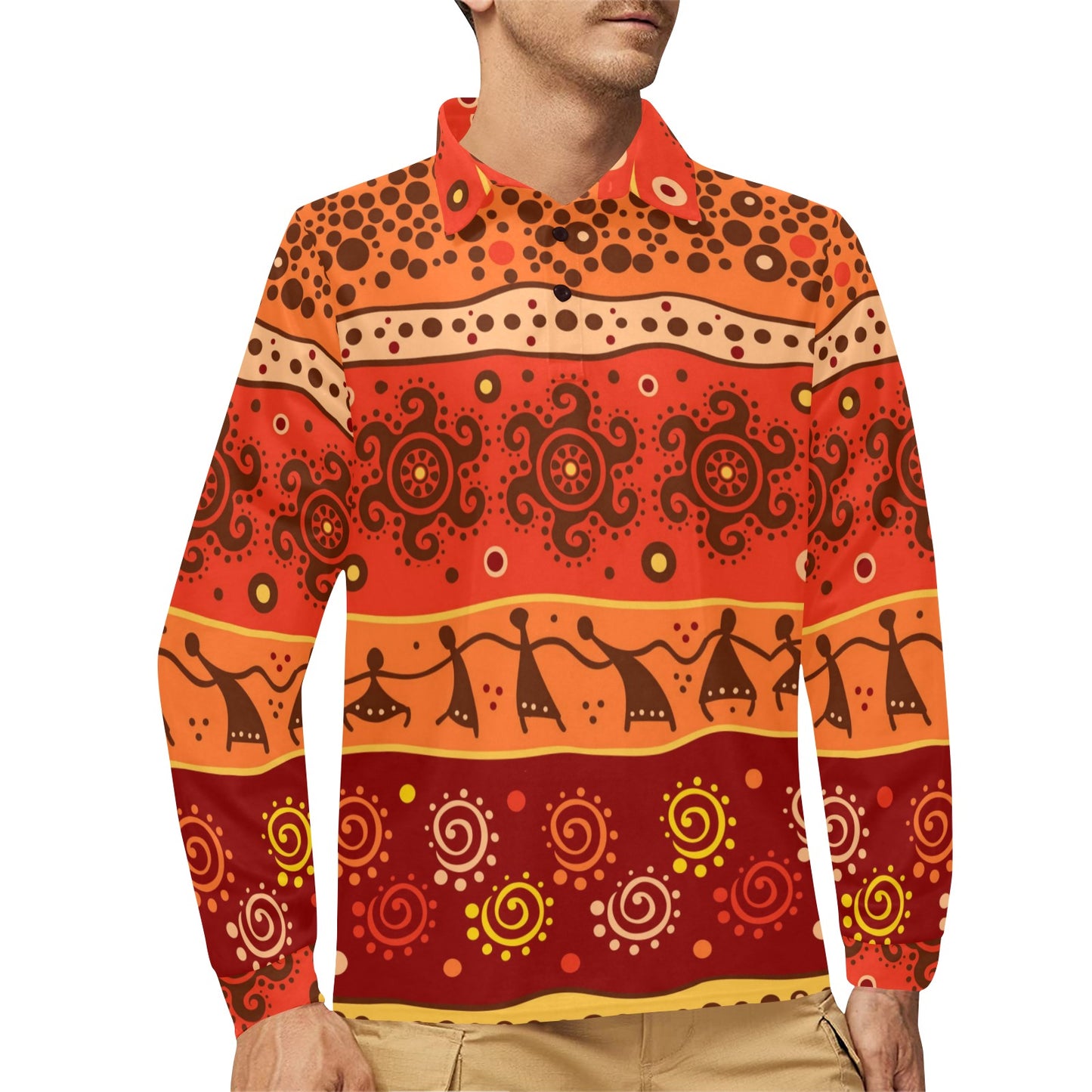 African Pattern Print Design 04 Long Sleeve Polo Shirt For Men's