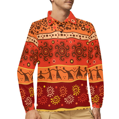 African Pattern Print Design 04 Long Sleeve Polo Shirt For Men's