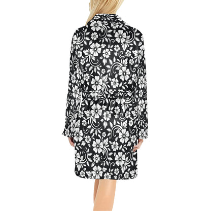 Floral Black White Themed Print Women's Fleece Robe