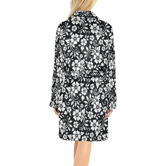 Floral Black White Themed Print Women's Fleece Robe
