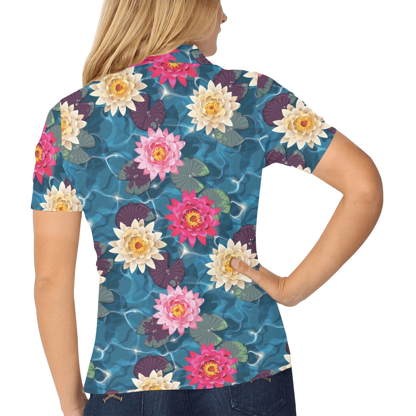 Water Lily Pattern Print Design WL05 Women's Polo Shirt