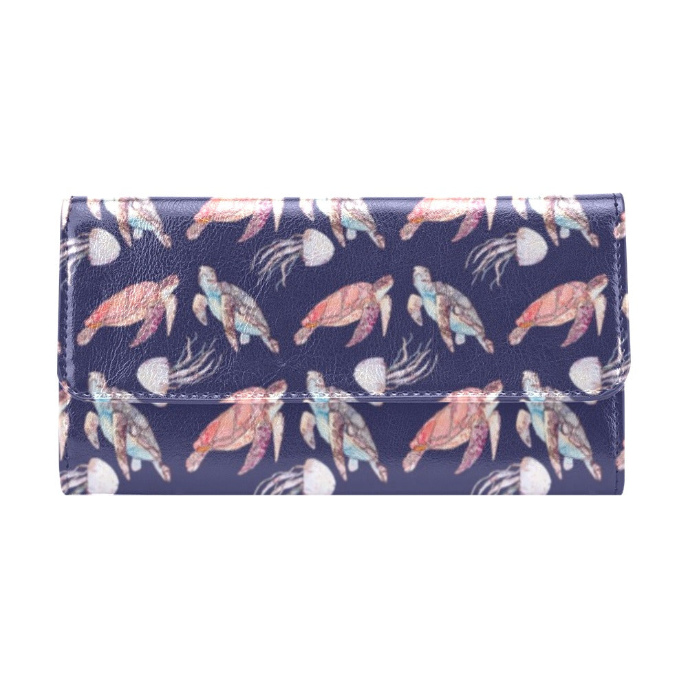 Sea Turtle With Jelly Fish Print Design LKS301 Women's Trifold Wallet
