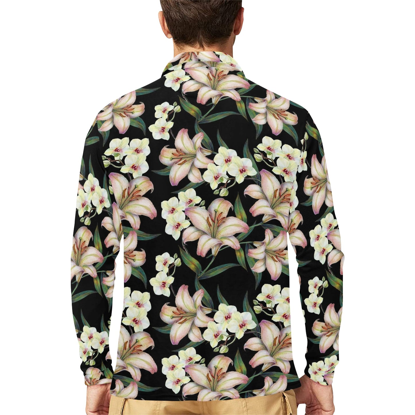 Lily Pattern Print Design LY03 Long Sleeve Polo Shirt For Men's