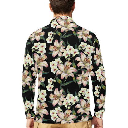 Lily Pattern Print Design LY03 Long Sleeve Polo Shirt For Men's