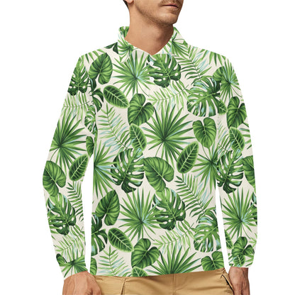 Palm Leaf Pattern Print Design A01 Long Sleeve Polo Shirt For Men's