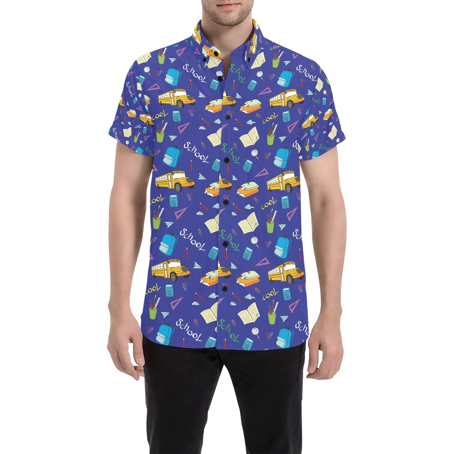 School Bus Print Design LKS307 Men Short Sleeve Button Up Shirt