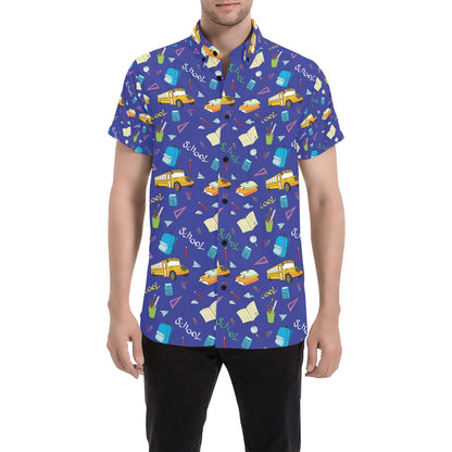 School Bus Print Design LKS307 Men Short Sleeve Button Up Shirt