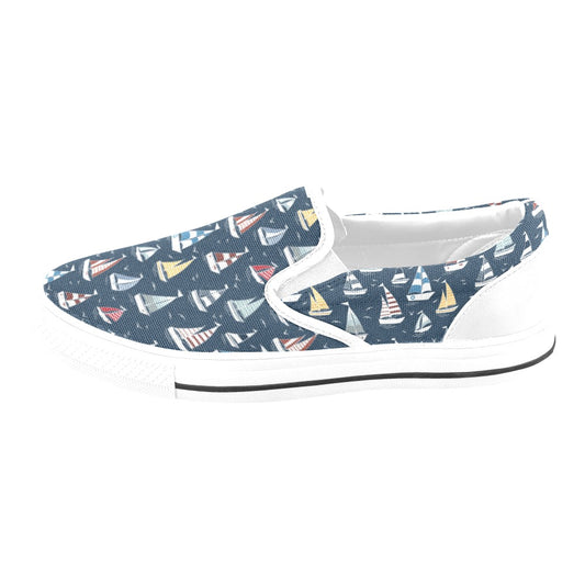 Sailboat Print Design LKS306 White Slip Ons Canvas Women's Shoes