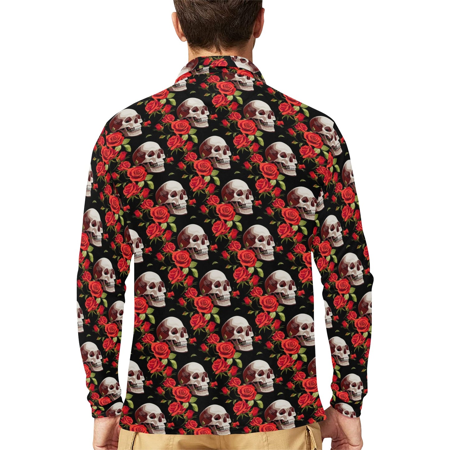 Red Rose Skull Design Print Long Sleeve Polo Shirt For Men's