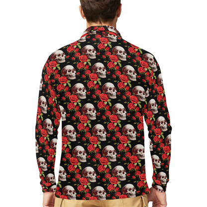 Red Rose Skull Design Print Long Sleeve Polo Shirt For Men's