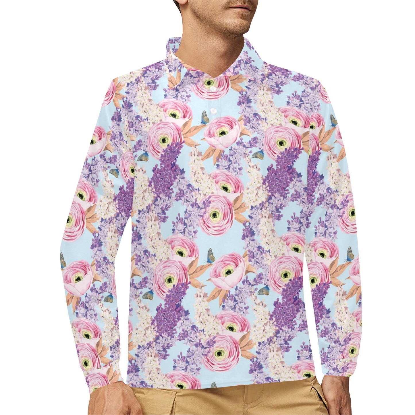 Lilac Pattern Print Design LI03 Long Sleeve Polo Shirt For Men's