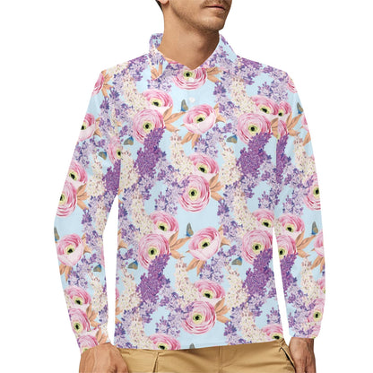 Lilac Pattern Print Design LI03 Long Sleeve Polo Shirt For Men's