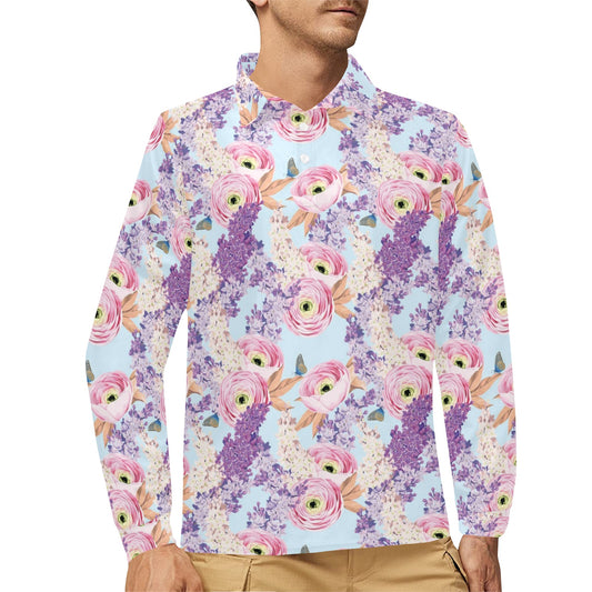 Lilac Pattern Print Design LI03 Long Sleeve Polo Shirt For Men's