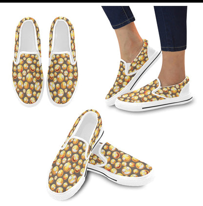 Smiley Face Emoji Print Design LKS303 White Slip Ons Canvas Women's Shoes