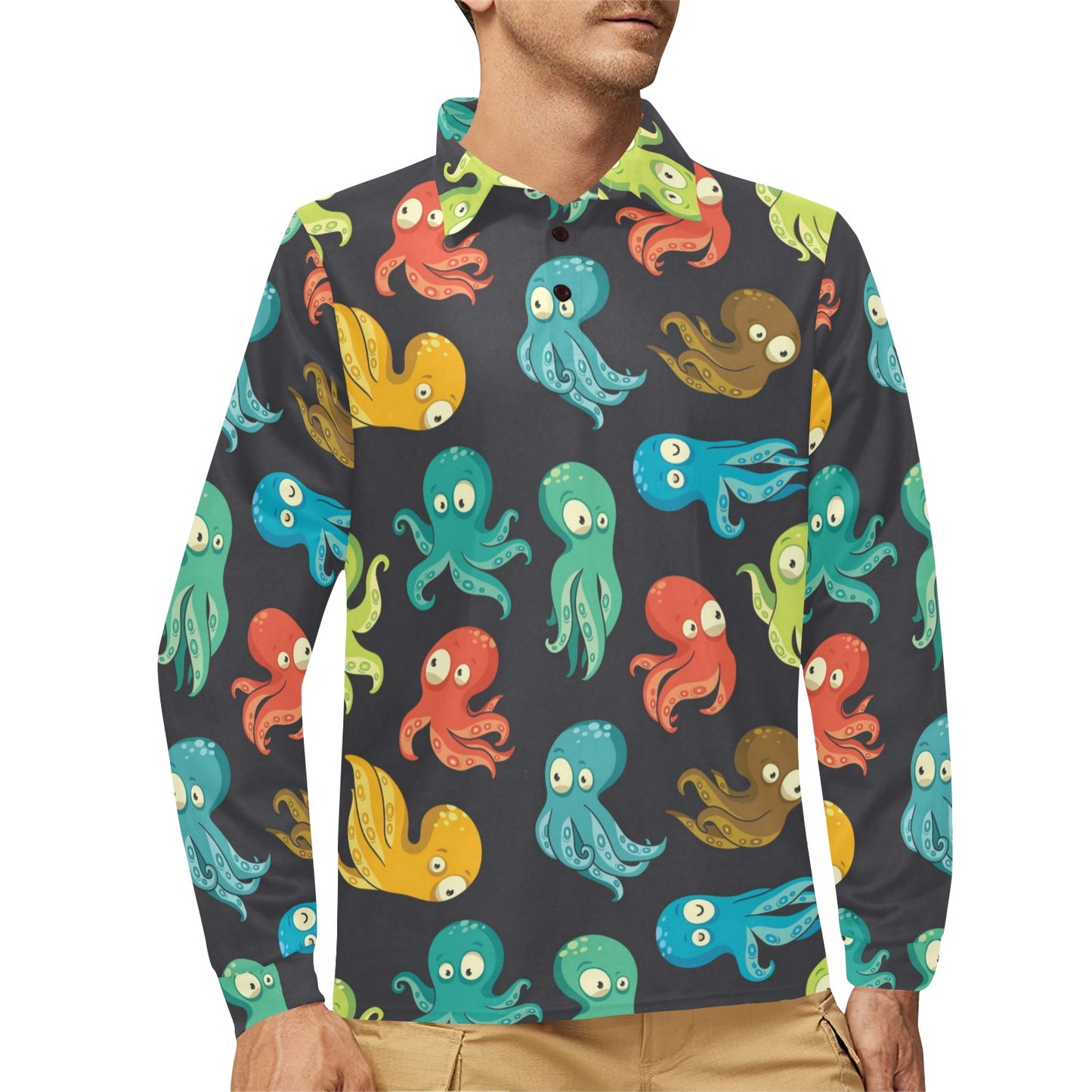 Octopus Pattern Print Design A01 Long Sleeve Polo Shirt For Men's