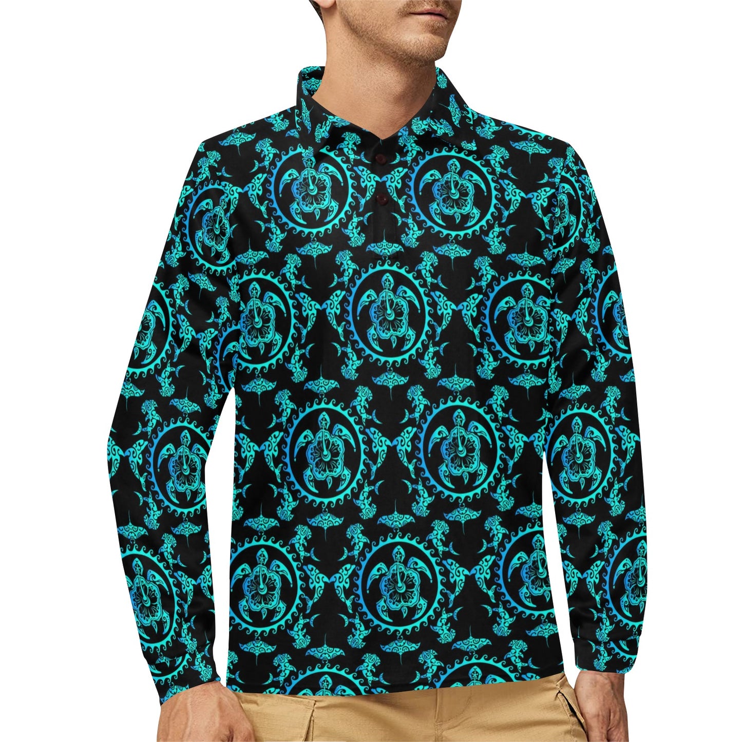 turquoise Tribal Sea Turtle Hawaiian Long Sleeve Polo Shirt For Men's