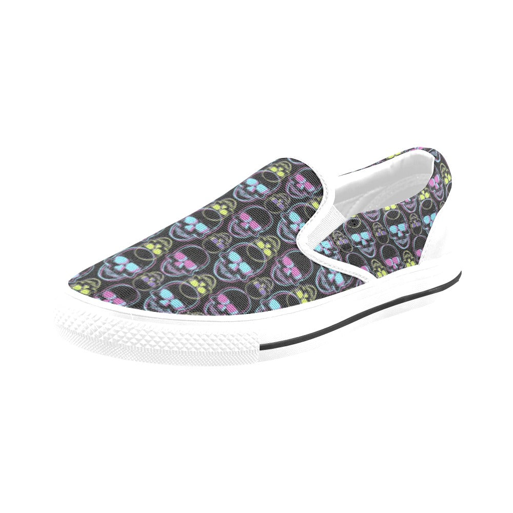 Skull 3D Colorful Print Design LKS309 White Slip Ons Canvas Women's Shoes