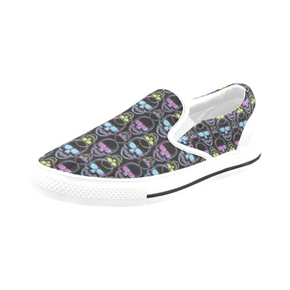 Skull 3D Colorful Print Design LKS309 White Slip Ons Canvas Women's Shoes