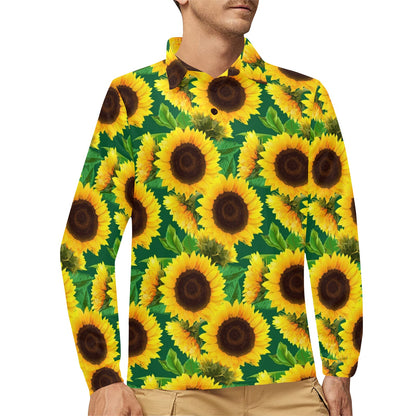 Sunflower Pattern Print Design SF02 Long Sleeve Polo Shirt For Men's
