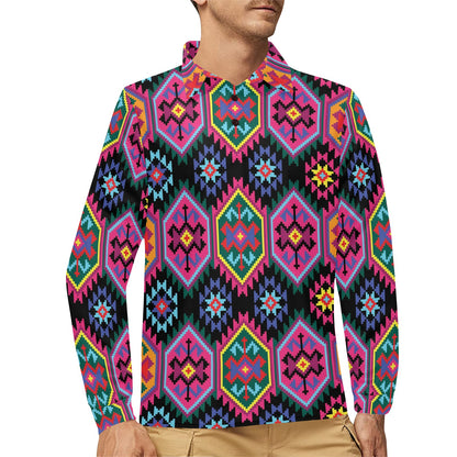 Mexican Pattern Print Design 02 Long Sleeve Polo Shirt For Men's