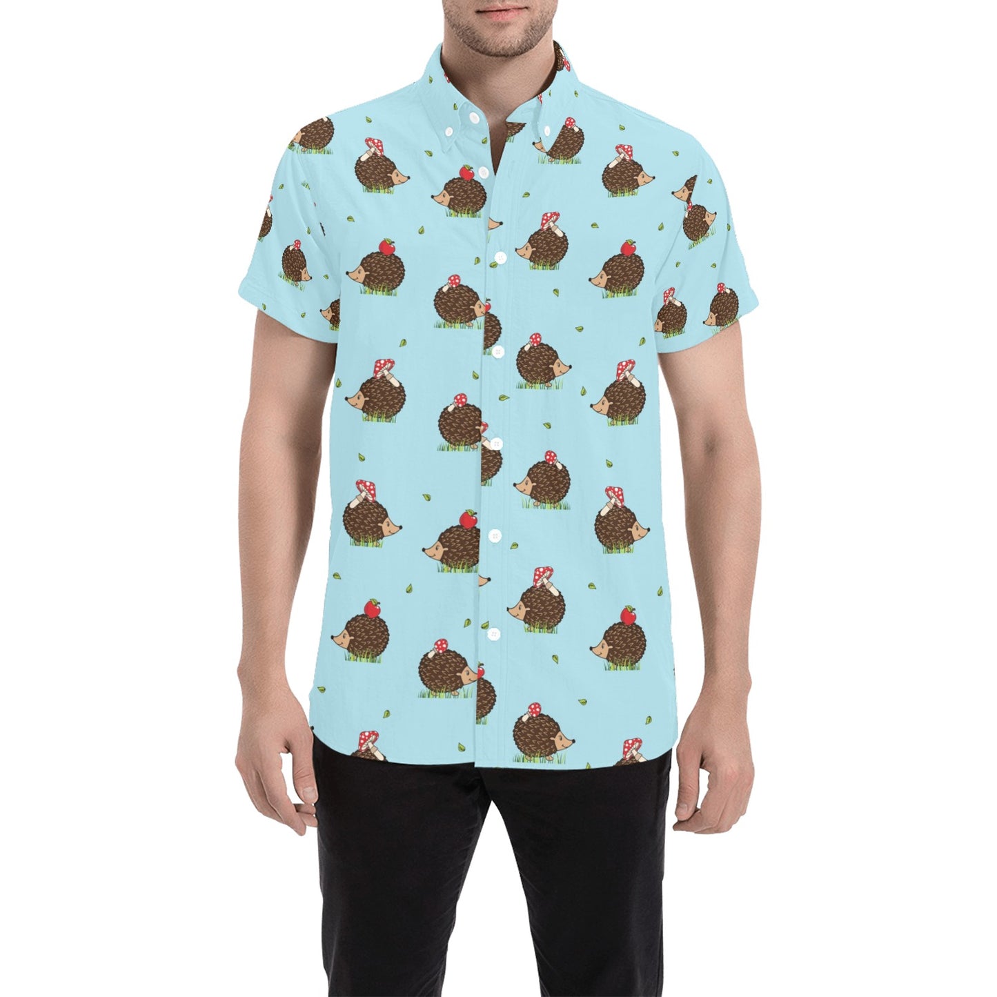 Hedgehog Print Design LKS402 Men Short Sleeve Button Up Shirt