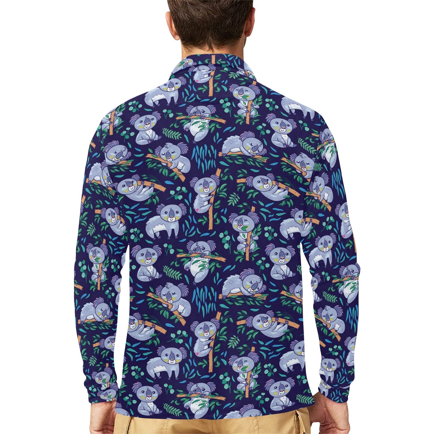 Koala Themed Design Print Long Sleeve Polo Shirt For Men's