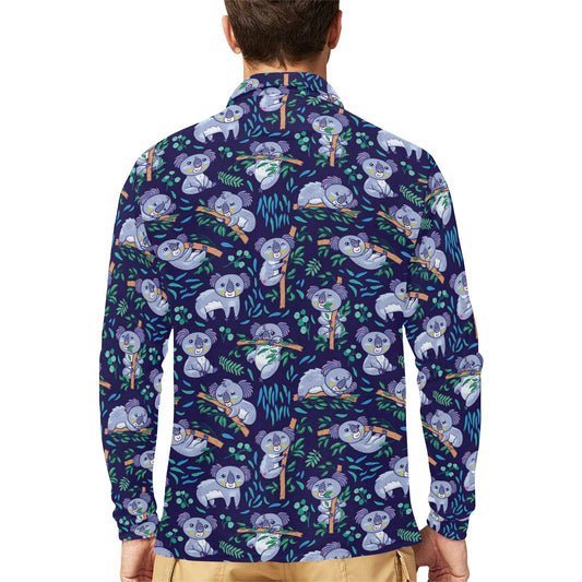 Koala Themed Design Print Long Sleeve Polo Shirt For Men's
