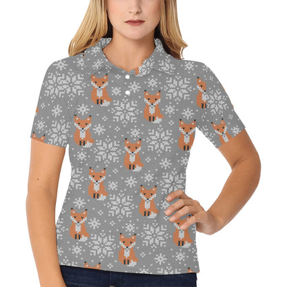 Knit Red Fox Pattern Print Design 02 Women's Polo Shirt