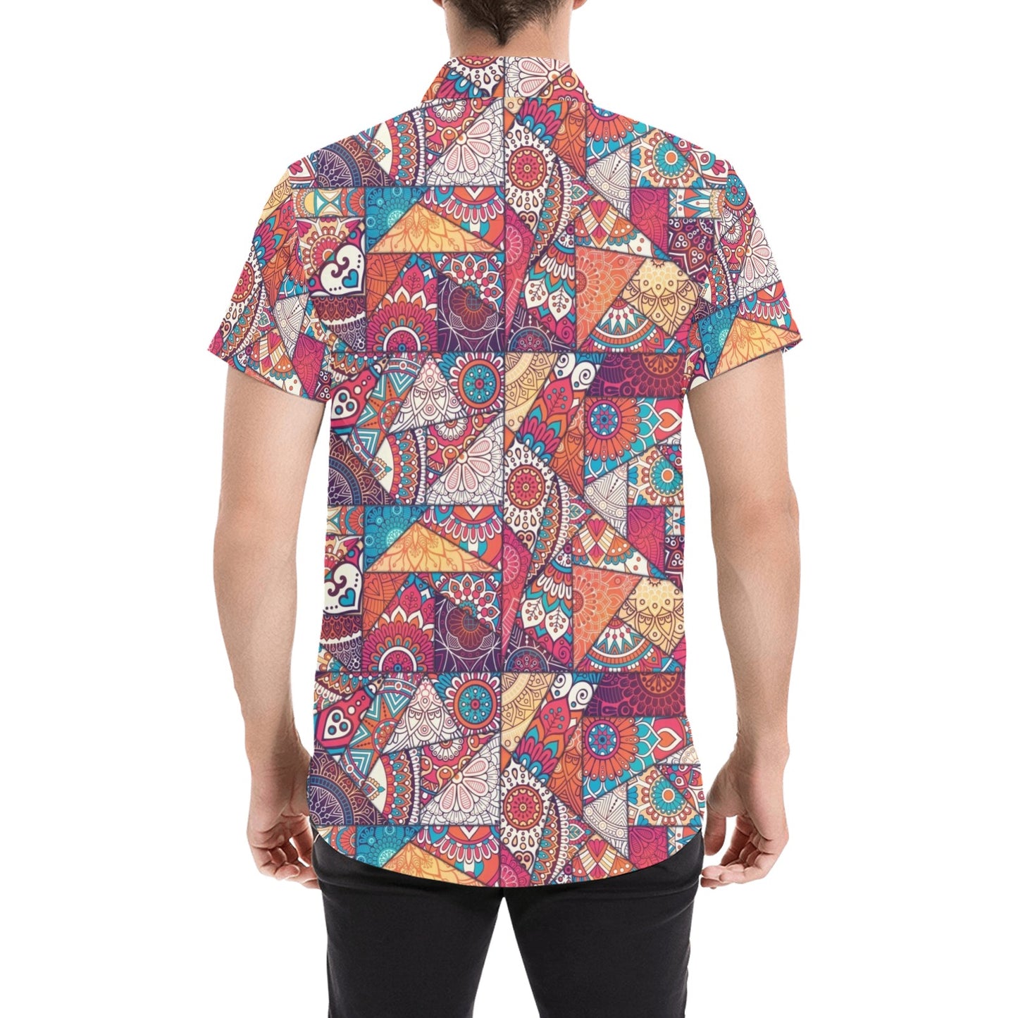 Patchwork Print Design LKS401 Men Short Sleeve Button Up Shirt
